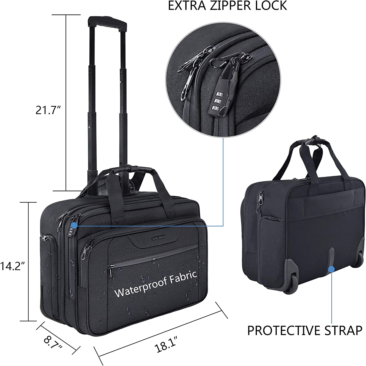 KROSER Rolling Laptop Bag Premium Wheeled Briefcase Fits Up to 17.3 Inch Laptop Water-Proof Overnight Roller Case Computer Bag with RFID Pockets for Travel/Business/School/Men/Women-Black - Image 2